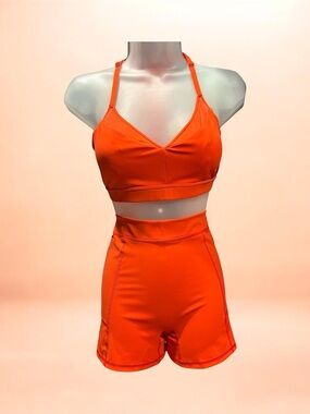 Aerie OFFLINE Women’s Orange Strappy Bralette and High-Waist Shorts Set M NEW!